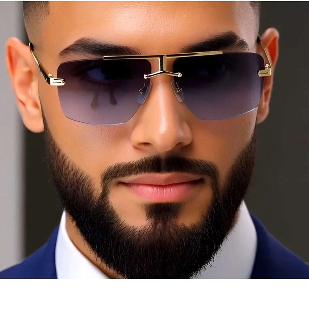 Men Rimless Square‎ Sunglasses Gradient Blue Lens Gold Frame Oversized Fashion
